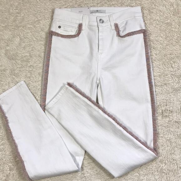 New 7FAMK High Rise 25 Super Skinny Leg Rainbow Fringe Trim White Jean Resort - Picture 2 of 15